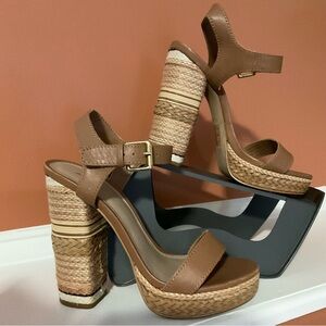 Aldo Tan Woven Platform Open Toe Boho Chunky High Heels Block Heel Size 7